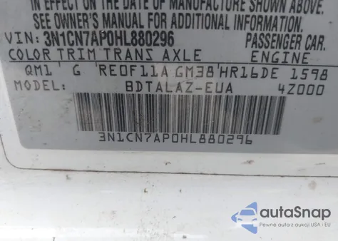 2017 Nissan Versa 1.6 S+ from USA, damaged, VIN 3N1CN7AP0HL880296